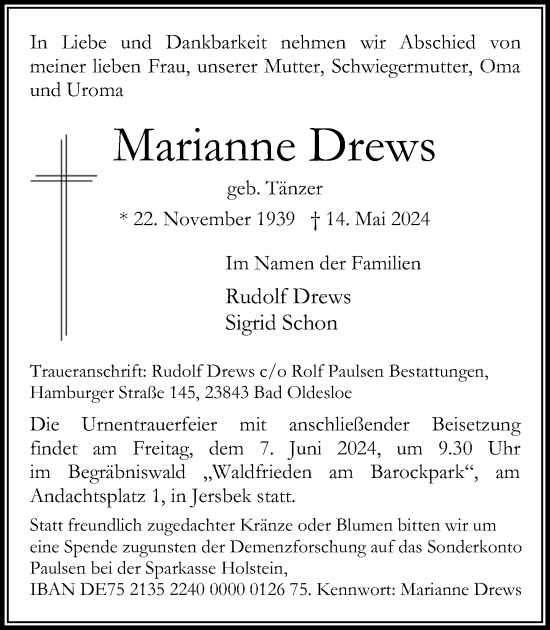 Traueranzeige von Marianne Drews von Stormaner Tageblatt