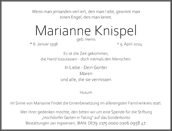 Traueranzeige von Marianne Knispel von Husumer Nachrichten, Nordfriesland Tageblatt