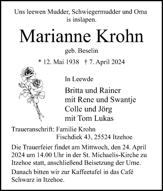 Traueranzeige von Marianne Krohn von Norddeutsche Rundschau, Wilstersche Zeitung, Glückstädter Fortuna