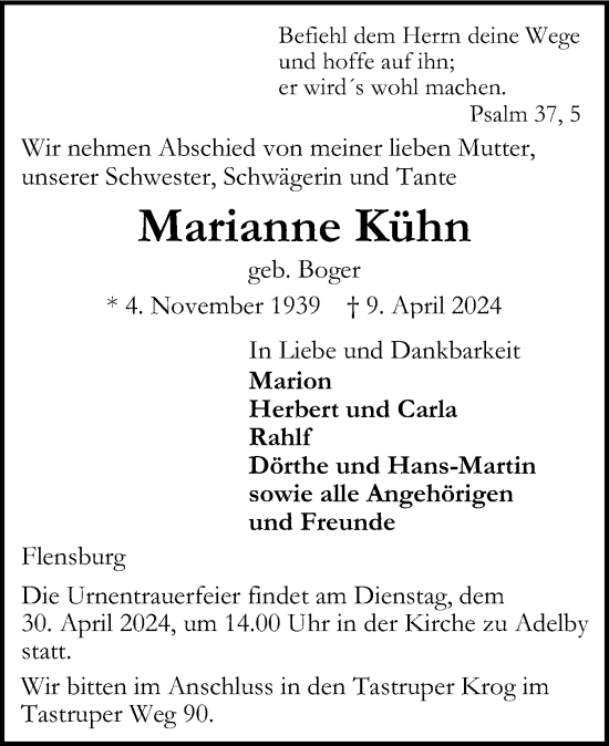 Traueranzeige von Marianne Kühn von Flensburger Tageblatt