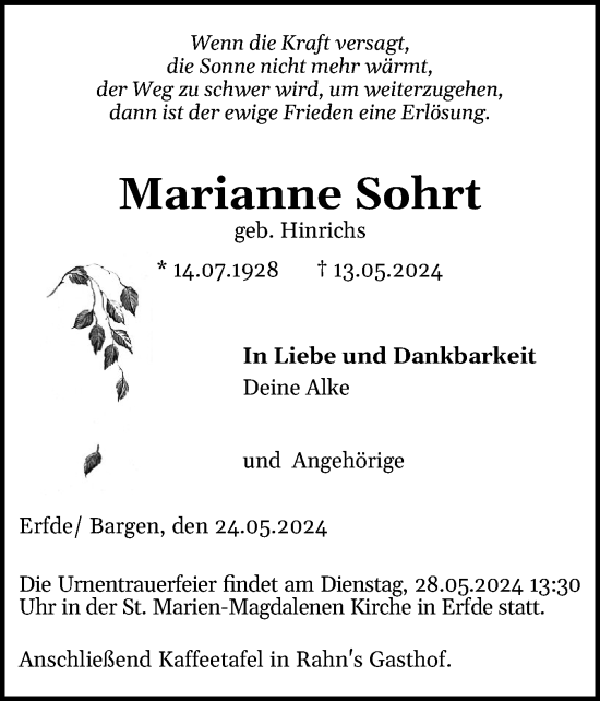 Traueranzeige von Marianne Sohrt von Schleswig-Holsteinische Landeszeitung