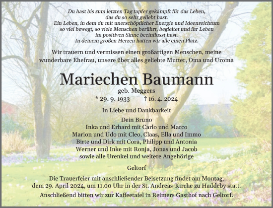 Traueranzeige von Mariechen Baumann von Schleswiger Nachrichten, Schlei-Bote