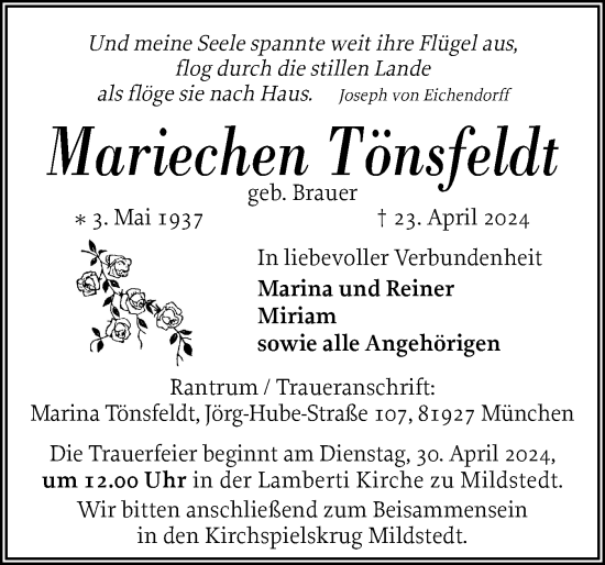 Traueranzeige von Mariechen Tönsfeldt von Husumer Nachrichten, Nordfriesland Tageblatt