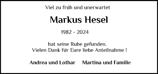 Traueranzeige von Markus Hesel von Wedel-Schulauer Tageblatt, tip Wedel-Schulauer Tageblatt, tip Rissener Rundschau