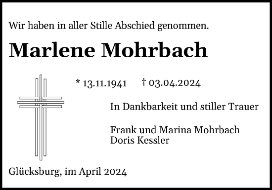 Traueranzeige von Marlene Mohrbach von Region Flensburg