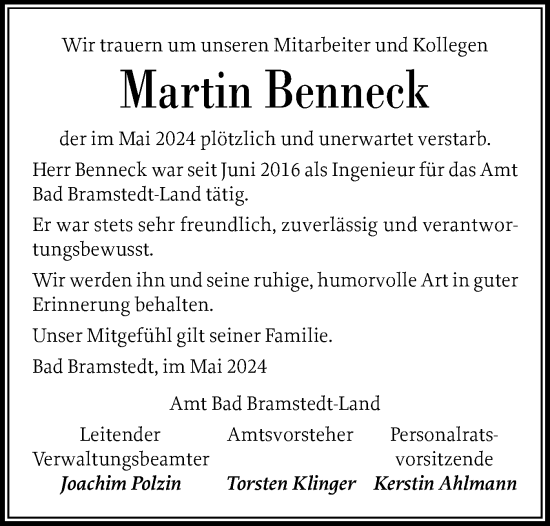Traueranzeige von Martin Benneck von Holsteinischer Courier