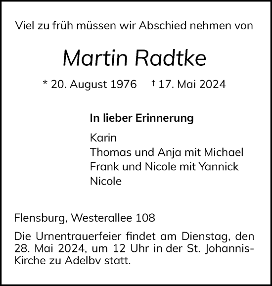 Traueranzeige von Martin Radtke von Flensburger Tageblatt