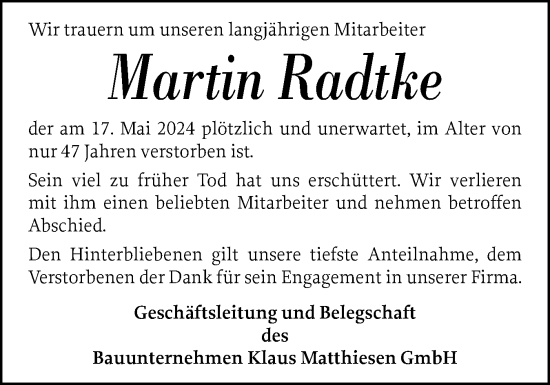 Traueranzeige von Martin Radtke von Flensburger Tageblatt