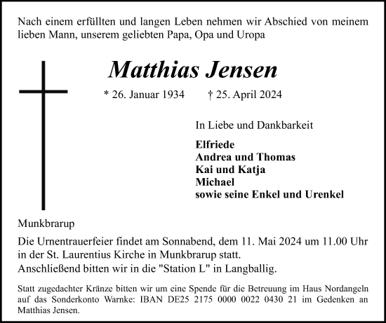 Traueranzeige von Matthias Jensen von Region Flensburg