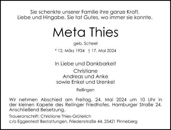Traueranzeige von Meta Thies von Elmshorner Nachrichten, Barmstedter Zeitung