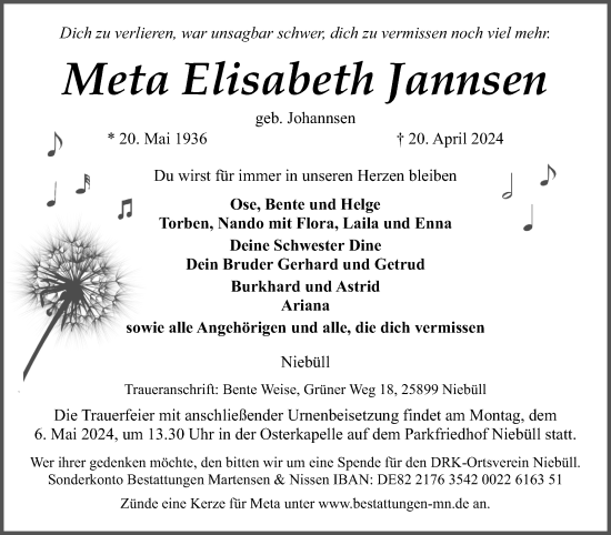 Traueranzeige von Meta Elisabeth Jannsen von Husumer Nachrichten, Nordfriesland Tageblatt