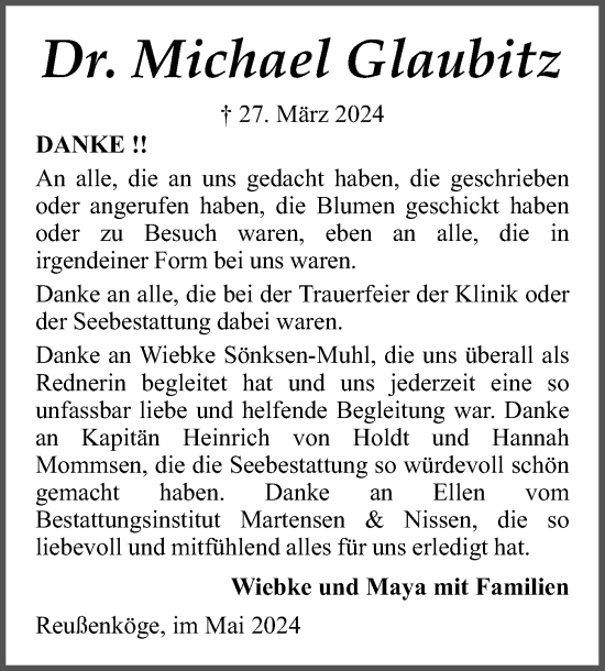 Traueranzeige von Michael Glaubitz von Husumer Nachrichten, Nordfriesland Tageblatt