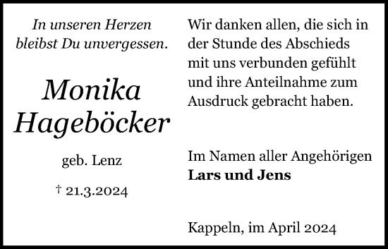 Traueranzeige von Monika Hageböcker von Schleswiger Nachrichten, Schlei-Bote