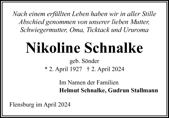 Traueranzeige von Nikoline Schnalke von Flensburger Tageblatt