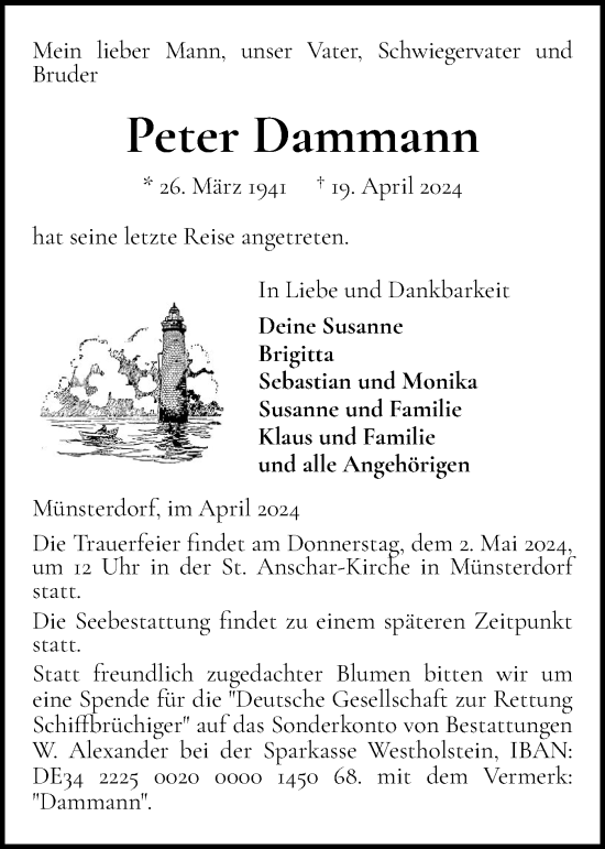 Traueranzeige von Peter Dammann von Norddeutsche Rundschau, Wilstersche Zeitung, Glückstädter Fortuna