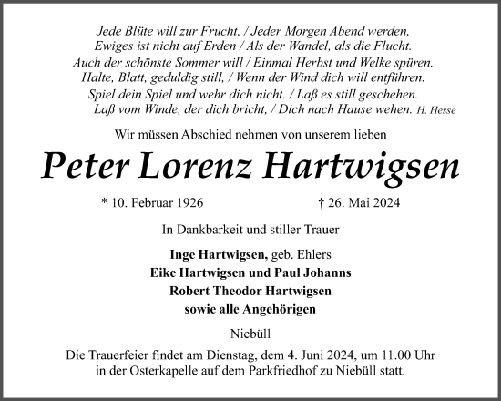 Traueranzeige von Peter Hartwigsen von Region Flensburg