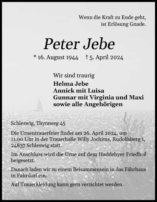 Traueranzeige von Peter Jebe von Schleswiger Nachrichten, Schlei-Bote