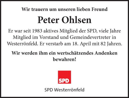 Traueranzeige von Peter Ohlsen von Schleswig-Holsteinische Landeszeitung