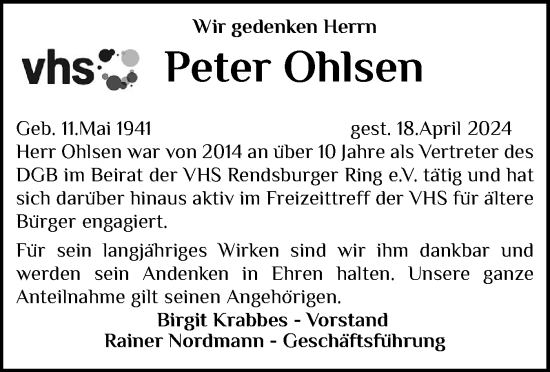 Traueranzeige von Peter Ohlsen von Schleswig-Holsteinische Landeszeitung