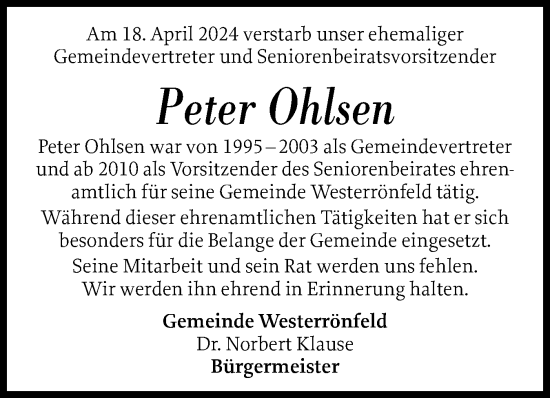 Traueranzeige von Peter Ohlsen von Schleswig-Holsteinische Landeszeitung