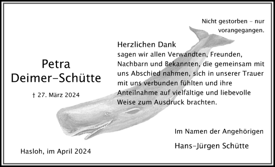 Traueranzeige von Petra Deimer-Schütte von Region Pinneberg und tip Pinneberg