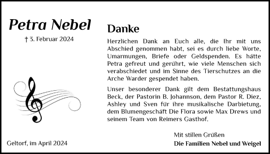Traueranzeige von Petra Nebel von Eckernförder Zeitung, Hallo Eckernförde