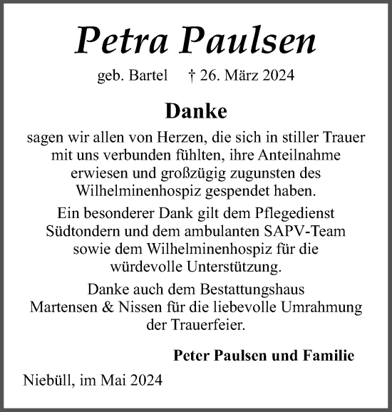 Traueranzeige von Petra Paulsen von Husumer Nachrichten, Nordfriesland Tageblatt