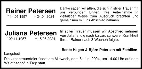 Traueranzeige von Rainer Petersen von Flensburger Tageblatt