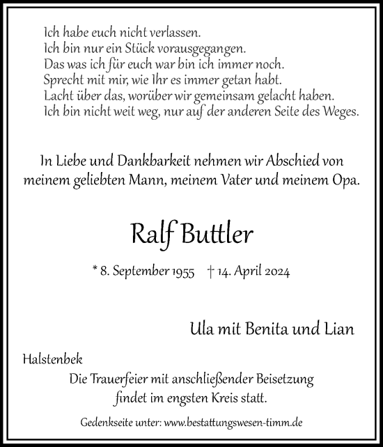 Traueranzeige von Ralf Buttler von Region Pinneberg und tip Pinneberg