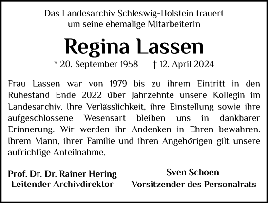 Traueranzeige von Regina Lassen von Schleswiger Nachrichten, Schlei-Bote