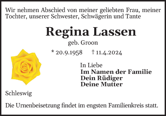 Traueranzeige von Regina Lassen von Schleswiger Nachrichten, Schlei-Bote