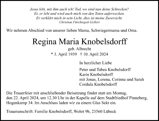 Traueranzeige von Regina Maria Knobelsdorff von Region Pinneberg und tip Pinneberg