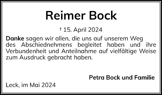 Traueranzeige von Reimer Bock von Husumer Nachrichten, Nordfriesland Tageblatt