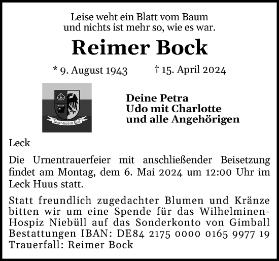 Traueranzeige von Reimer Bock von Husumer Nachrichten, Nordfriesland Tageblatt