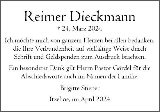 Traueranzeige von Reimer Dieckmann von Norddeutsche Rundschau, Wilstersche Zeitung, Glückstädter Fortuna