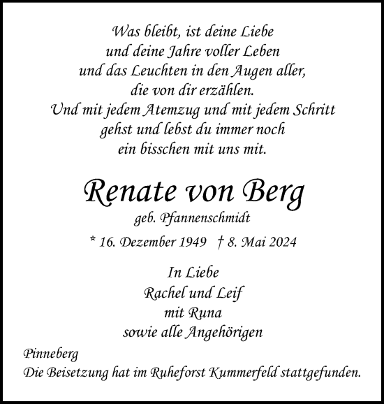 Traueranzeige von Renate von Berg von Region Pinneberg und tip Pinneberg
