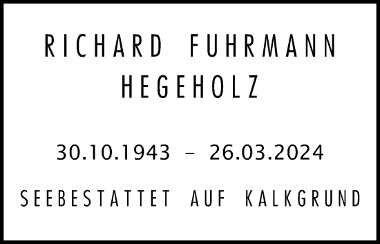 Traueranzeige von Richard Fuhrmann von Schleswiger Nachrichten, Schlei-Bote