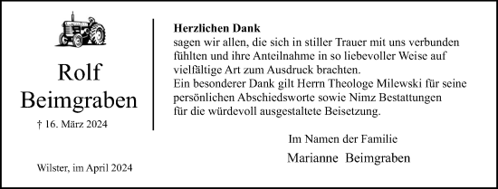 Traueranzeige von Rolf Beimgraben von Norddeutsche Rundschau, Wilstersche Zeitung, Glückstädter Fortuna