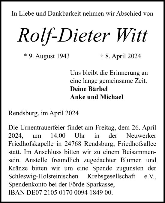 Traueranzeige von Rolf-Dieter Witt von Schleswig-Holsteinische Landeszeitung