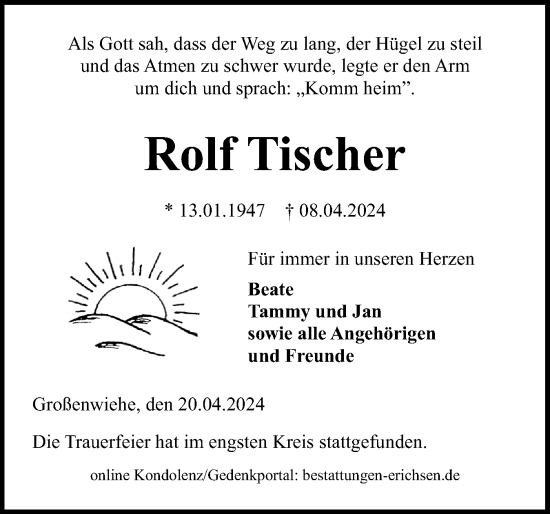 Traueranzeige von Rolf Tischer von Flensburger Tageblatt