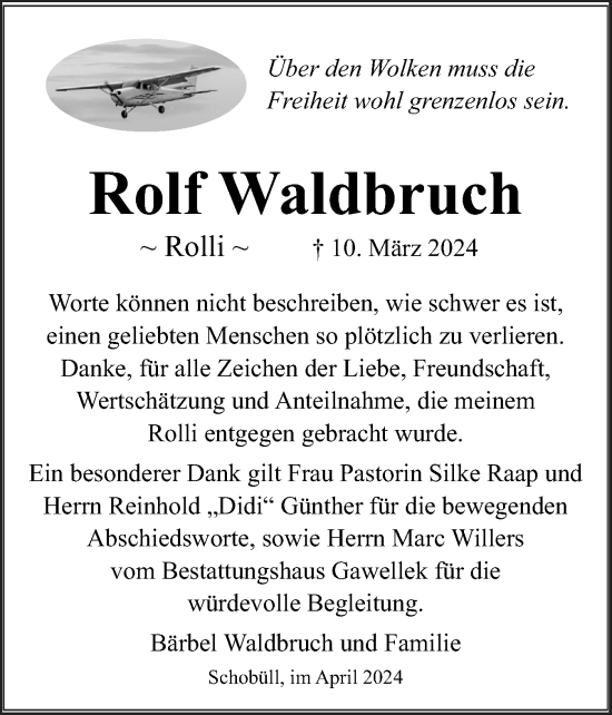 Traueranzeige von Rolf Waldbruch von Husumer Nachrichten, Nordfriesland Tageblatt