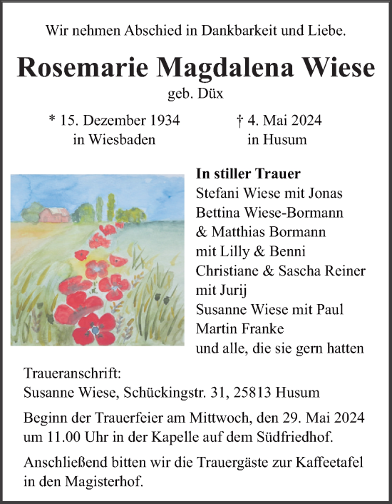 Traueranzeige von Rosemarie Magdalena Wiese von Husumer Nachrichten, Nordfriesland Tageblatt