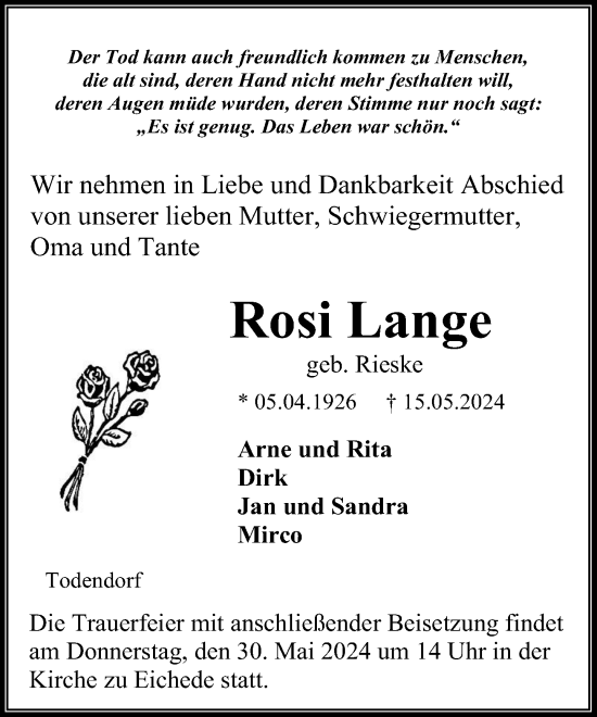 Traueranzeige von Rosi Lange von Stormaner Tageblatt