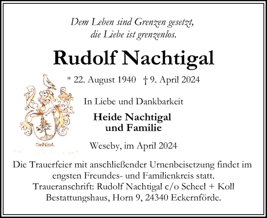 Traueranzeige von Rudolf Nachtigal von Eckernförder Zeitung