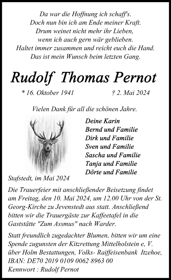 Traueranzeige von Rudolf Thomas Pernot von Schleswig-Holsteinische Landeszeitung