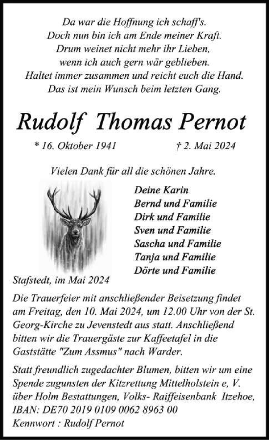 Traueranzeige von Rudolf Thomas Pernot von Schleswig-Holsteinische Landeszeitung