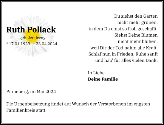 Traueranzeige von Ruth Pollack von Region Pinneberg und tip Pinneberg