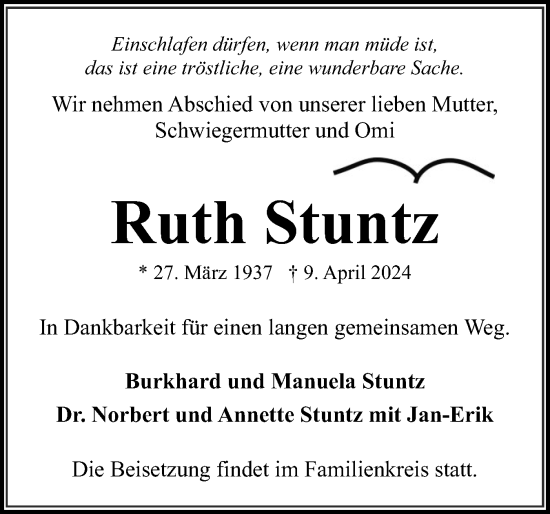 Traueranzeige von Ruth Stuntz von Eckernförder Zeitung, Hallo Eckernförde