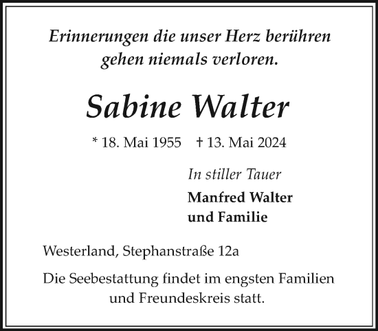 Traueranzeige von Sabine Walter von Sylter Rundschau