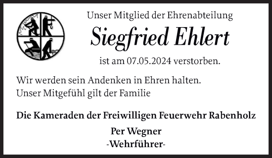 Traueranzeige von Siegfried Ehlert von Schleswiger Nachrichten, Schlei-Bote